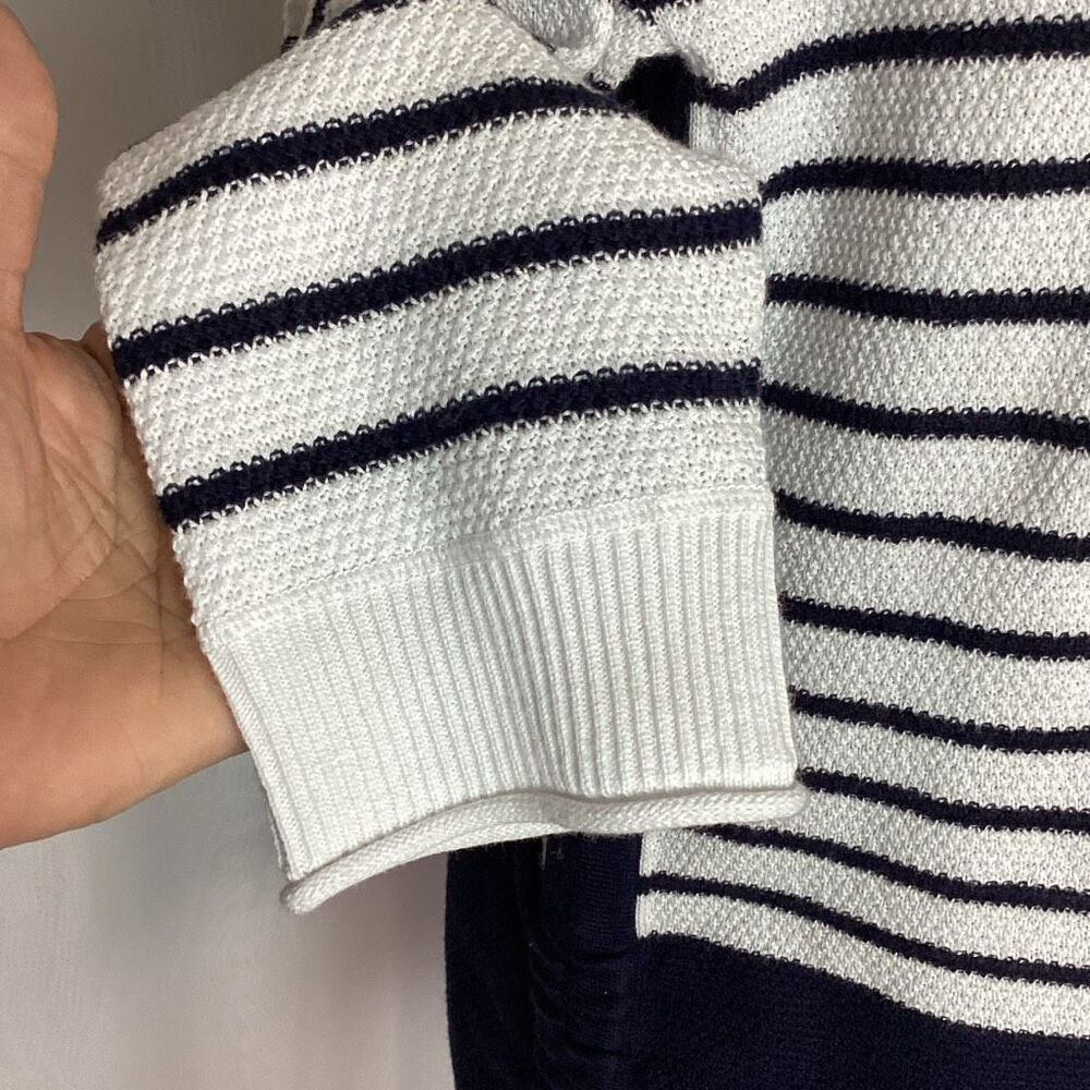T By Talbots Navy White Striped Pique Ruched Crewneck Sweater Small Nautical Coa - Picture 6 of 10